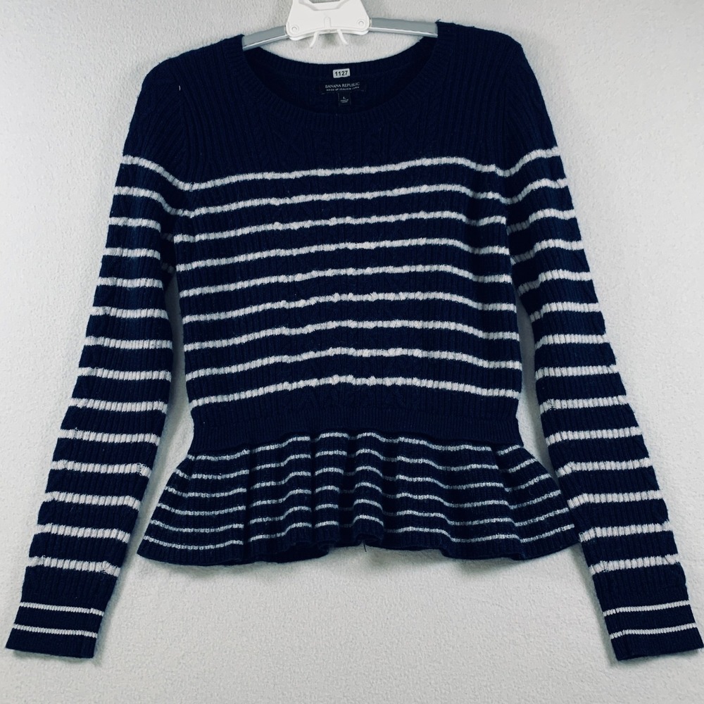 Banana Republic Women's Peplum Sweater Wool Cashmere Blend‎ Stripe Navy White L